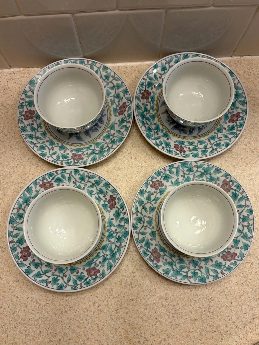 Vintage Arita Floral Porcelain Tea Cup and Saucer Set - Green and Pink
